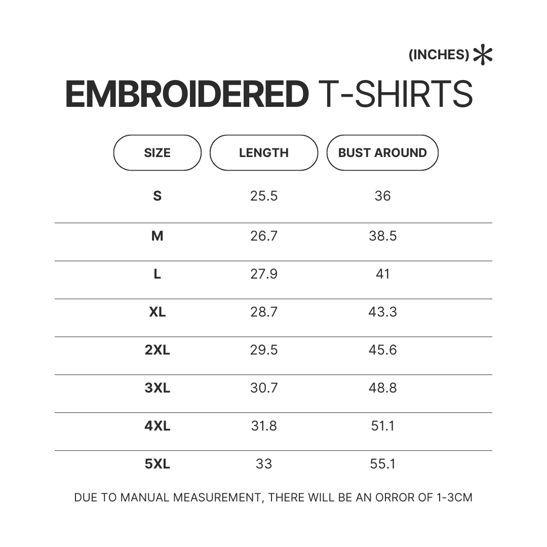 Embroidered T shirt Size Chart - Personalized World Store