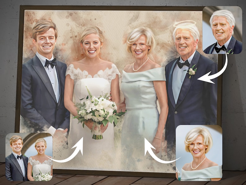 Personalized Watercolor Day of Wedding Painting with Parents Custom Memorial Painting